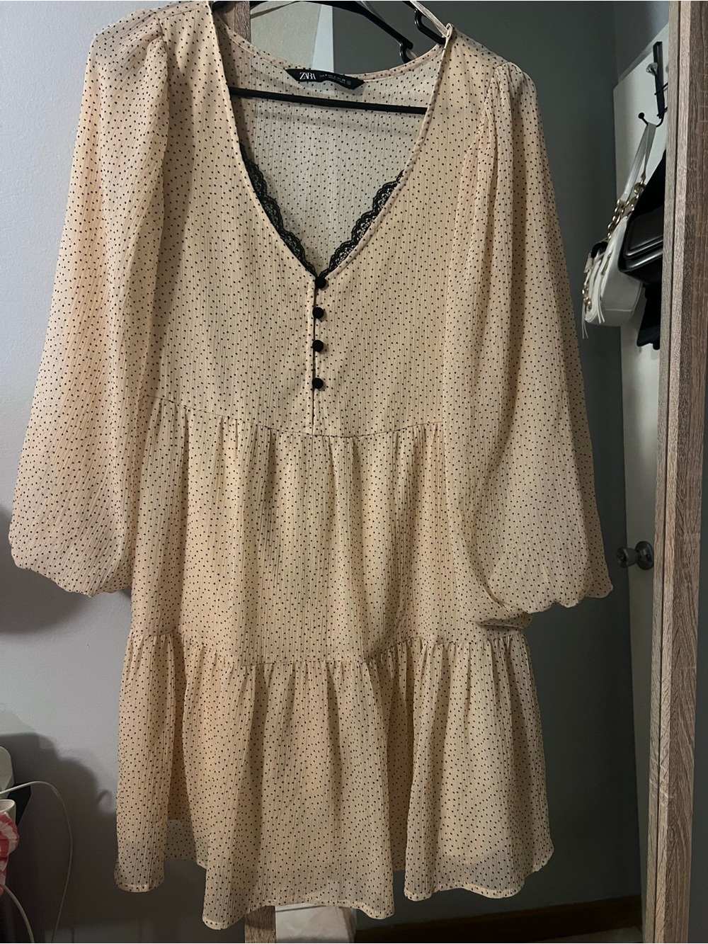 Zara Cream Dress with Black Polka Dot Detail